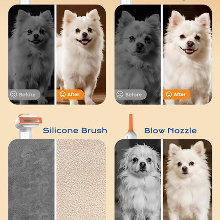 White Rechargeable Pet Grooming Vacuum Brush and Hair Deshedding Comb with 140° Curved Pin Comb & Removable Collection Chamber, 4-in-1 Self-Cleaning Slicker Brush, Detangling Rake, Silicone Cleaning Brush & Blow Nozzle for Cats and Dogs