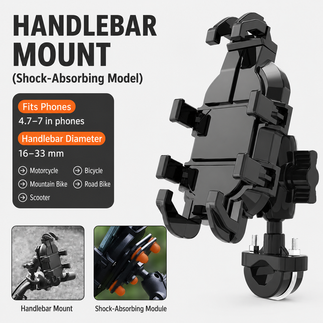 Black Secure Grip Anti-Shock Bike Phone Mount - 360° Rotating Adjustment, 8-Claw Locking Universal Handlebar Navigation Holder for Motorcycle MTB & Road Cycling (Fits 4.7–7" Phones)