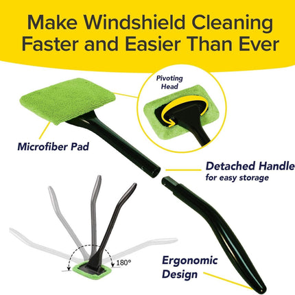 Car Windshield Rotating Defogger Cleaner Brush with 2 Washable Microfibre Pads, Spray Bottle and Detachable Handle for Home Car Fog Dust Stain Removal