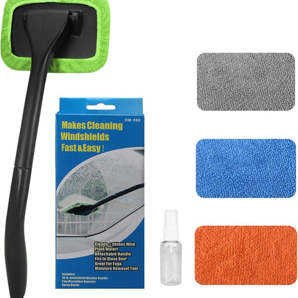 Car Windshield Rotating Defogger Cleaner Brush with 4-Color Washable Microfibre Pads, Spray Bottle and Detachable Handle for Home Car Fog Dust Stain Removal