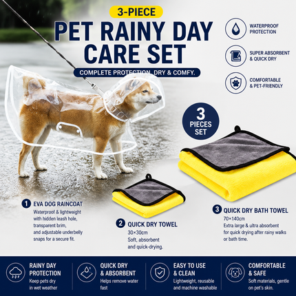 3 Piece Rainy Day Pet Care Set - 4XL Size Waterproof Dog Hooded EVA Transparent Raincoat with Full-Coverage Poncho Design Adjustable Snaps and Leash Access, Free High Absorbency Quick Dry 30 × 30cm Towel and 140 × 70cm Large Bath Towel for Small Medium La
