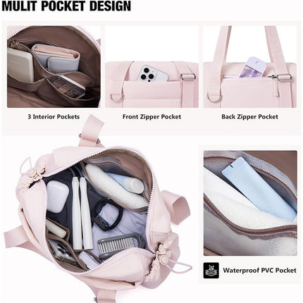 Pink Women’s Fluffy Nylon Gym Travel Tote Bag and Coin Purse Set - Side Drawstring Cup Holder, Front / Back Zipper Pockets and Wet & Dry Separation, Large Capacity and Lightweight 11.7 x 4.2 x 8"