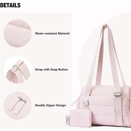 Pink Women’s Fluffy Nylon Gym Travel Tote Bag and Coin Purse Set - Side Drawstring Cup Holder, Front / Back Zipper Pockets and Wet & Dry Separation, Large Capacity and Lightweight 11.7 x 4.2 x 8"