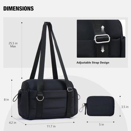 Black Women’s Fluffy Nylon Gym Travel Tote Bag and Coin Purse Set - Side Drawstring Cup Holder, Front / Back Zipper Pockets and Wet & Dry Separation, Large Capacity and Lightweight 11.7 x 4.2 x 8"
