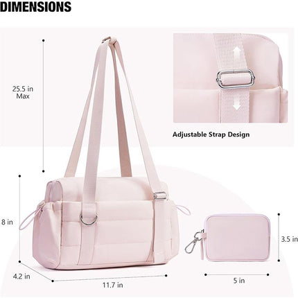 Beige Women’s Fluffy Nylon Gym Travel Tote Bag and Coin Purse Set - Side Drawstring Cup Holder, Front / Back Zipper Pockets and Wet & Dry Separation, Large Capacity and Lightweight 11.7 x 4.2 x 8"
