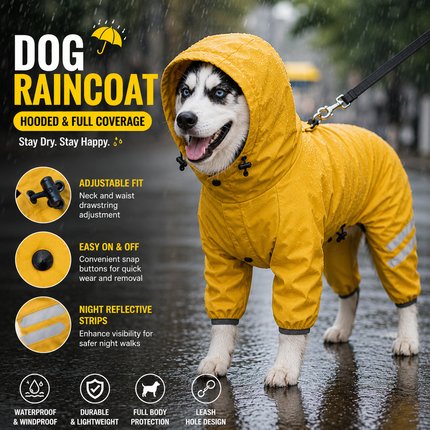 Yellow Waterproof Full Body Dog Raincoat with Adjustable Hood & Waist, Easy Snap Closure and Hidden Leash Opening - Lightweight Four-Leg Reflective Pet Rain Suit for Small Medium Large Dogs, XXL Size