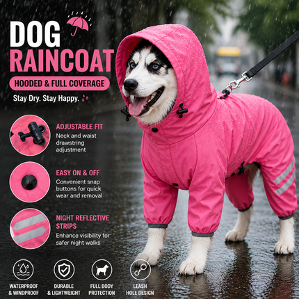 Pink Waterproof Full Body Dog Raincoat with Adjustable Hood & Waist, Easy Snap Closure and Hidden Leash Opening - Lightweight Four-Leg Reflective Pet Rain Suit for Small Medium Large Dogs, S Size