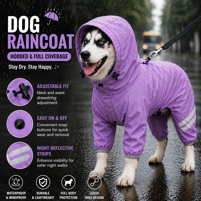 Purple Waterproof Full Body Dog Raincoat with Adjustable Hood & Waist, Easy Snap Closure and Hidden Leash Opening - Lightweight Four-Leg Reflective Pet Rain Suit for Small Medium Large Dogs, XL Size