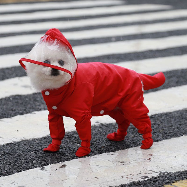 Red XL size Full Coverage Pet Raincoat Jumpsuit Waterproof Dog Rain Suit with Attached Shoes and Tail Cover-Lightweight Hooded Dog Poncho for Small Dogs