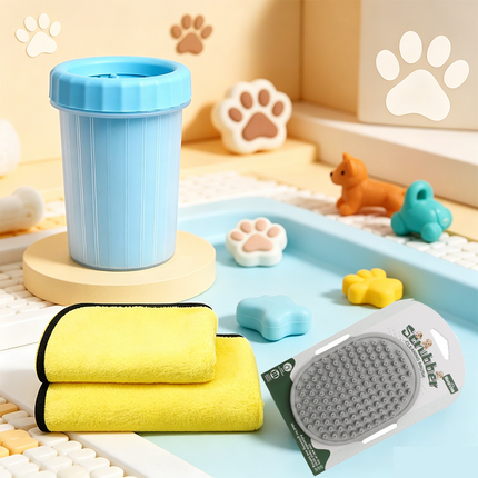 4-Piece Pet Cleaning Kit -Pet Grooming and Paw Cleaning Set with big Blue Dog Paw Cleaner Cup Grey Pet Bathing and Massage Comb andOne 30x30 cm yellow-grey foot towel and one 30x60 cm small bath Drying Towels for Dogs and Cats