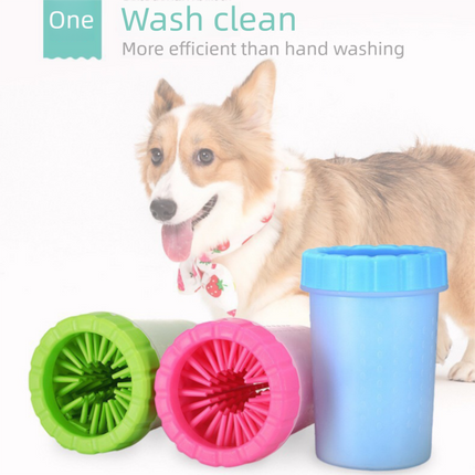 4-Piece Pet Cleaning Kit -Pet Grooming and Paw Cleaning Set with big Blue Dog Paw Cleaner Cup Grey Pet Bathing and Massage Comb andOne 30x30 cm yellow-grey foot towel and one 30x60 cm small bath Drying Towels for Dogs and Cats