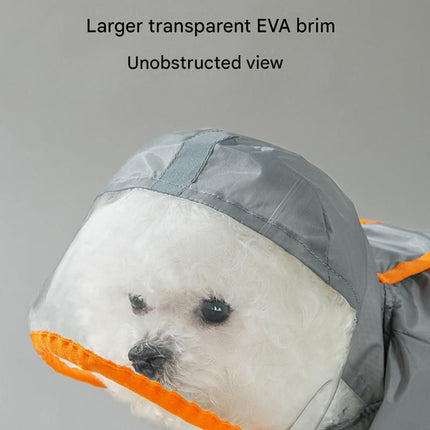 Grey and Orange S size Dog Raincoat with Leash Access and Transparent Hood - Waterproof Full Body Pet Rain Suit for Small and Medium Dogs, Reflective Trim, Removable Tail Cover, Outdoor Walking Apparel