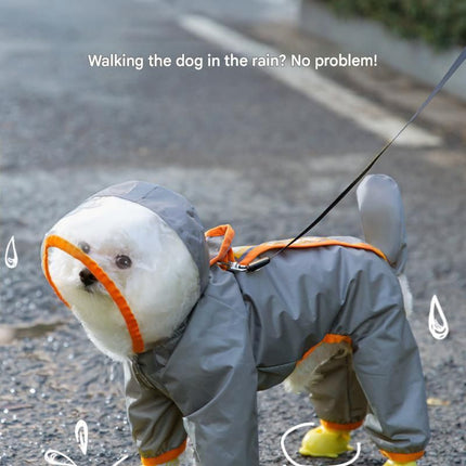 Grey and Orange M size Dog Raincoat with Leash Access and Transparent Hood - Waterproof Full Body Pet Rain Suit for Small and Medium Dogs, Reflective Trim, Removable Tail Cover, Outdoor Walking Apparel