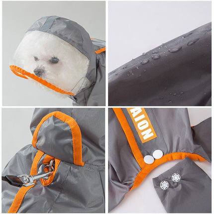 Grey and Orange M size Dog Raincoat with Leash Access and Transparent Hood - Waterproof Full Body Pet Rain Suit for Small and Medium Dogs, Reflective Trim, Removable Tail Cover, Outdoor Walking Apparel