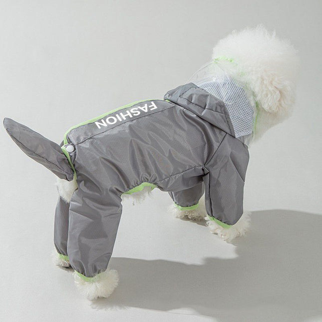 Grey and Green S size Dog Raincoat with Leash Access and Transparent Hood - Waterproof Full Body Pet Rain Suit for Small and Medium Dogs, Reflective Trim, Removable Tail Cover, Outdoor Walking Apparel
