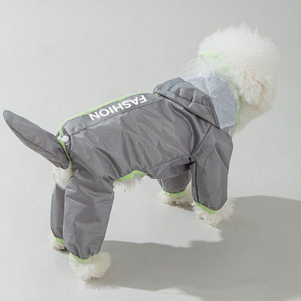 Grey and Green M size Dog Raincoat with Leash Access and Transparent Hood - Waterproof Full Body Pet Rain Suit for Small and Medium Dogs, Reflective Trim, Removable Tail Cover, Outdoor Walking Apparel