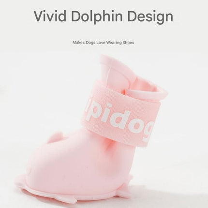 Pink S size Waterproof Dog Rain Boots Set of 4 - Cartoon Dolphin Design Shape PVC Pet Shoes with Adjustable Hook and Loop Straps, Anti Slip Paw Protectors for Small Dogs and Puppy Outdoor Walks