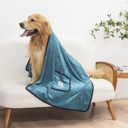 Blue-green 100*50cm icrofibre Pet Bath Towel with Hand Pockets - Super Absorbent Quick Dry Dog and Cat Drying Towel, Soft Grooming Blanket for Bathing, Cleaning and Everyday Pet Care