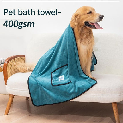 Blue-green 100*50cm icrofibre Pet Bath Towel with Hand Pockets - Super Absorbent Quick Dry Dog and Cat Drying Towel, Soft Grooming Blanket for Bathing, Cleaning and Everyday Pet Care