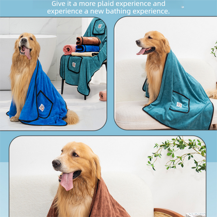 Blue-green 100*50cm icrofibre Pet Bath Towel with Hand Pockets - Super Absorbent Quick Dry Dog and Cat Drying Towel, Soft Grooming Blanket for Bathing, Cleaning and Everyday Pet Care