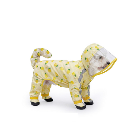 Yellow S size Pineapple Print Full-Cover Dog Raincoat with Transparent Hood, Waterproof Four-Leg Pet Rain Suit with Reflective Strips and Integrated Leash Ring for Small and Medium Dogs
