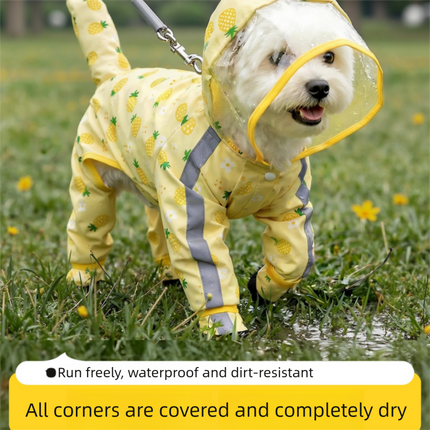Yellow S size Pineapple Print Full-Cover Dog Raincoat with Transparent Hood, Waterproof Four-Leg Pet Rain Suit with Reflective Strips and Integrated Leash Ring for Small and Medium Dogs