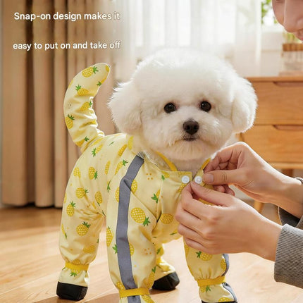 Yellow XL size Pineapple Print Full-Cover Dog Raincoat with Transparent Hood, Waterproof Four-Leg Pet Rain Suit with Reflective Strips and Integrated Leash Ring for Small and Medium Dogs