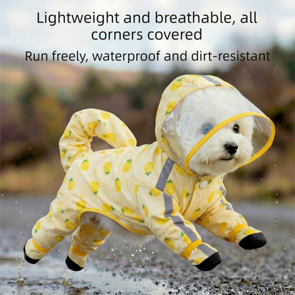 Yellow XL size Pineapple Print Full-Cover Dog Raincoat with Transparent Hood, Waterproof Four-Leg Pet Rain Suit with Reflective Strips and Integrated Leash Ring for Small and Medium Dogs