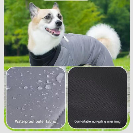 Grey S size Winter Dog Jumpsuit Coat – Waterproof Four-Leg Pet Jacket with Reflective Harness Clip, Windproof Warm Padded Puppy Snowsuit, Adjustable Polyester Dog Clothing for Small to Medium Dogs