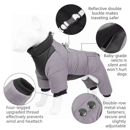 Grey S size Winter Dog Jumpsuit Coat – Waterproof Four-Leg Pet Jacket with Reflective Harness Clip, Windproof Warm Padded Puppy Snowsuit, Adjustable Polyester Dog Clothing for Small to Medium Dogs
