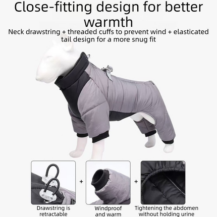 Grey L size Winter Dog Jumpsuit Coat – Waterproof Four-Leg Pet Jacket with Reflective Harness Clip, Windproof Warm Padded Puppy Snowsuit, Adjustable Polyester Dog Clothing for Small to Medium Dogs
