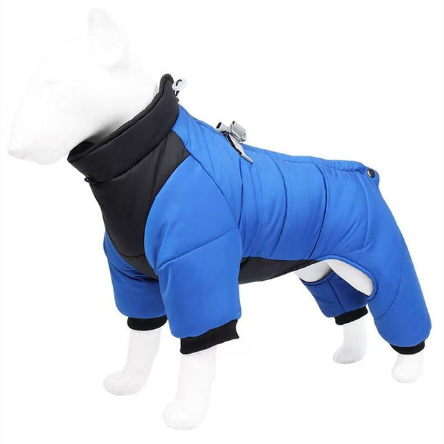Blue S size Winter Dog Jumpsuit Coat – Waterproof Four-Leg Pet Jacket with Reflective Harness Clip, Windproof Warm Padded Puppy Snowsuit, Adjustable Polyester Dog Clothing for Small to Medium Dogs