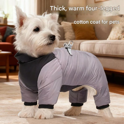 Yellow L size Winter Dog Jumpsuit Coat – Waterproof Four-Leg Pet Jacket with Reflective Harness Clip, Windproof Warm Padded Puppy Snowsuit, Adjustable Polyester Dog Clothing for Small to Medium Dogs