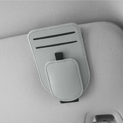 Grey Car Sun Visor Eyeglasses Holder Magnetic Glasses Clip with Card Storage Multifunction Auto Sunglasses Organizer PVC Leather Interior Accessory