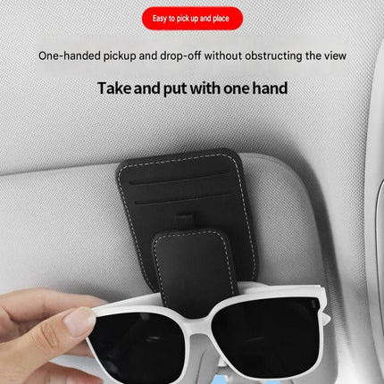 Grey Car Sun Visor Eyeglasses Holder Magnetic Glasses Clip with Card Storage Multifunction Auto Sunglasses Organizer PVC Leather Interior Accessory