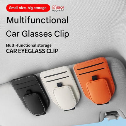 Beige Car Sun Visor Eyeglasses Holder Magnetic Glasses Clip with Card Storage Multifunction Auto Sunglasses Organizer PVC Leather Interior Accessory