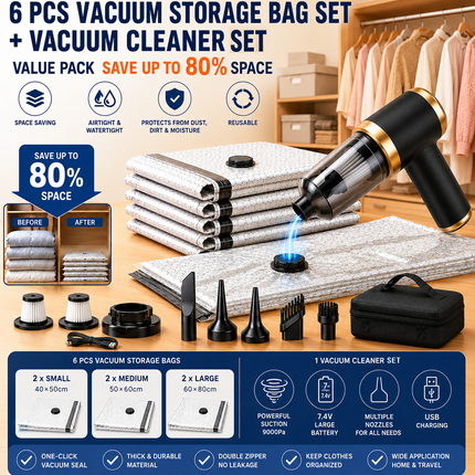 Portable Cordless Handheld Vacuum Cleaner & 6-piece Vacuum Storage Bag Set, 4-in-1 Air Duster, Vacuum Pump and Suction Cleaner with Reusable Compression Bags for Home and Travel