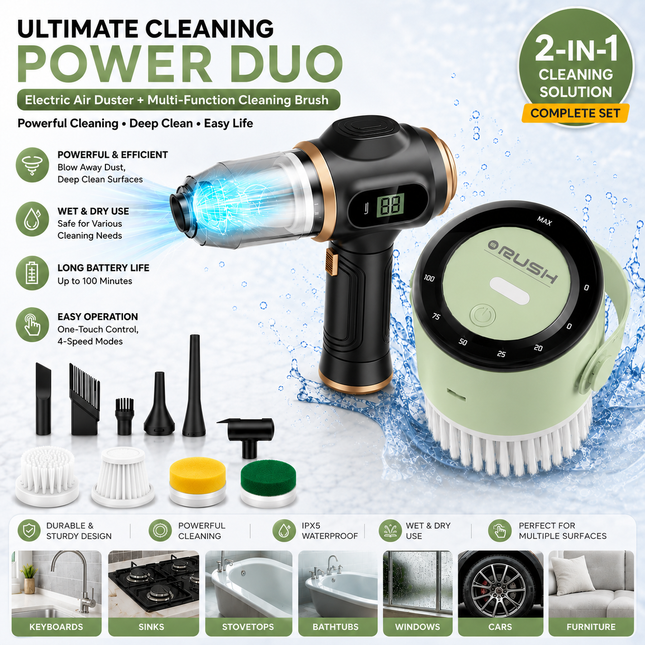 Black and Green Cordless 2-in-1 Cleaning Kit  Vacuum cleaner(2 x 2000mAh) and Spin Scrubber Set（Includes three types of brush heads） for Home Car Kitchen Bathroom Cleaning