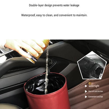 Red Car Trash Can - Foldable Dual-Layer Waterproof Car Garbage Bin , Space-Saving, Easy Clean, Portable Storage for Vehicle Interior, Durable Faux Leather Material