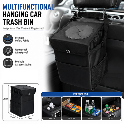 Black small size 15*17*25cm Car Trash Bin with Oxford Cloth Construction - Foldable Hanging Car Organizer, Waterproof Washable Lining, Flip Top Lid, Multi Purpose Storage Bin for Car Interior Travel and Daily Driving