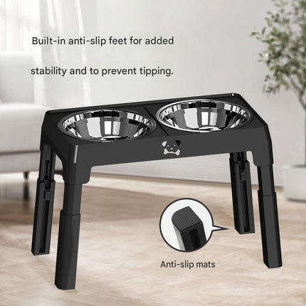 Black Adjustable Elevated Dog Bowl Stand with Stainless Steel Double Bowls, Foldable Raised Pet Feeding Station for Medium & Large Dogs, Anti-Slip Height Adjustable Food and Water Feeder