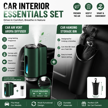 2 pcs Car interior essentials set-Green Car Air Vent Aroma Diffuser &Black Hanging Storage Bin- hanging storage container that is convenient to use and Compact