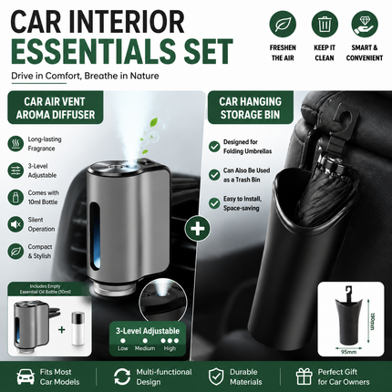 2 pcs Car interior essentials set-Silvery Car Air Vent Aroma Diffuser & Black Hanging Storage Bin- hanging storage container that is convenient to use and Compact