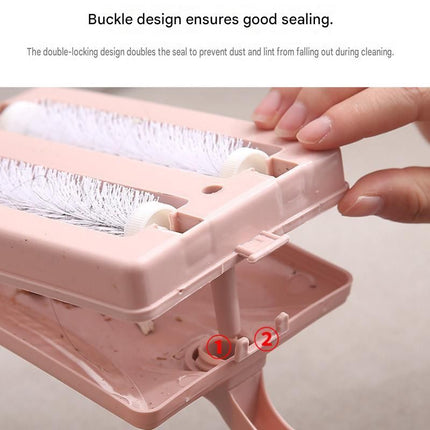 Pink Double Roller Cleaning Brush - PP Material, Sealed Dustpan Design with Detachable Rollers - Lightweight Carpet Sofa Bed Sweeper for Pet Hair and Crumbs