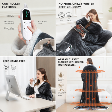Wearable Electric Heated Blanket with Foot Pocket 127x177cm and Suede Fleece Slippers Set AU 3-4, Winter Warm Home Comfort Bundle