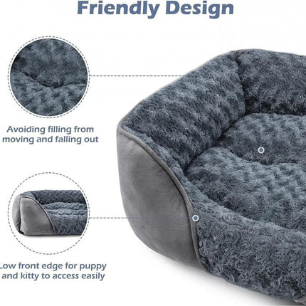 Grey Small & Medium Pet Bed - Washable Rectangle Dog Bed with Bolstered Walls and Anti-Slip Bottom, S (60×45×14cm)