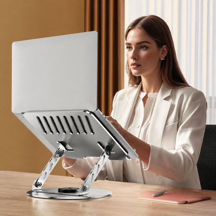 360 Degree Rotatable Laptop Stand Adjustable Aluminium Ergonomic Notebook Holder Small Size 20x20cm Height Angle Adjustable Desktop Cooling Riser for Office Home Study Workspace