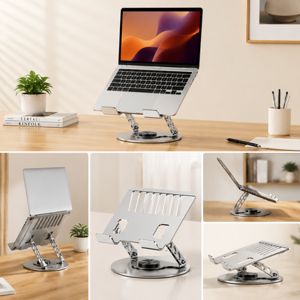 360 Degree Rotatable Laptop Stand Adjustable Aluminium Ergonomic Notebook Holder Small Size 20x20cm Height Angle Adjustable Desktop Cooling Riser for Office Home Study Workspace