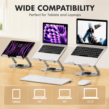 360 Degree Rotatable Laptop Stand Adjustable Aluminium Ergonomic Notebook Holder Small Size 20x20cm Height Angle Adjustable Desktop Cooling Riser for Office Home Study Workspace