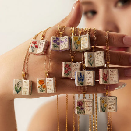 Vintage-style book necklace with March birthday flowers, a luxurious gold-plated bronze exquisite floral pendant gift